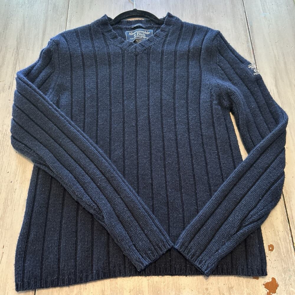 Vtg Abercrombie & Fitch Wool Blend V Neck Navy Sweater 90s Mens L Preppy